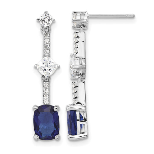 Sterling Silver RH-plated Fancy Blue & White CZ Post Dangle Earrings