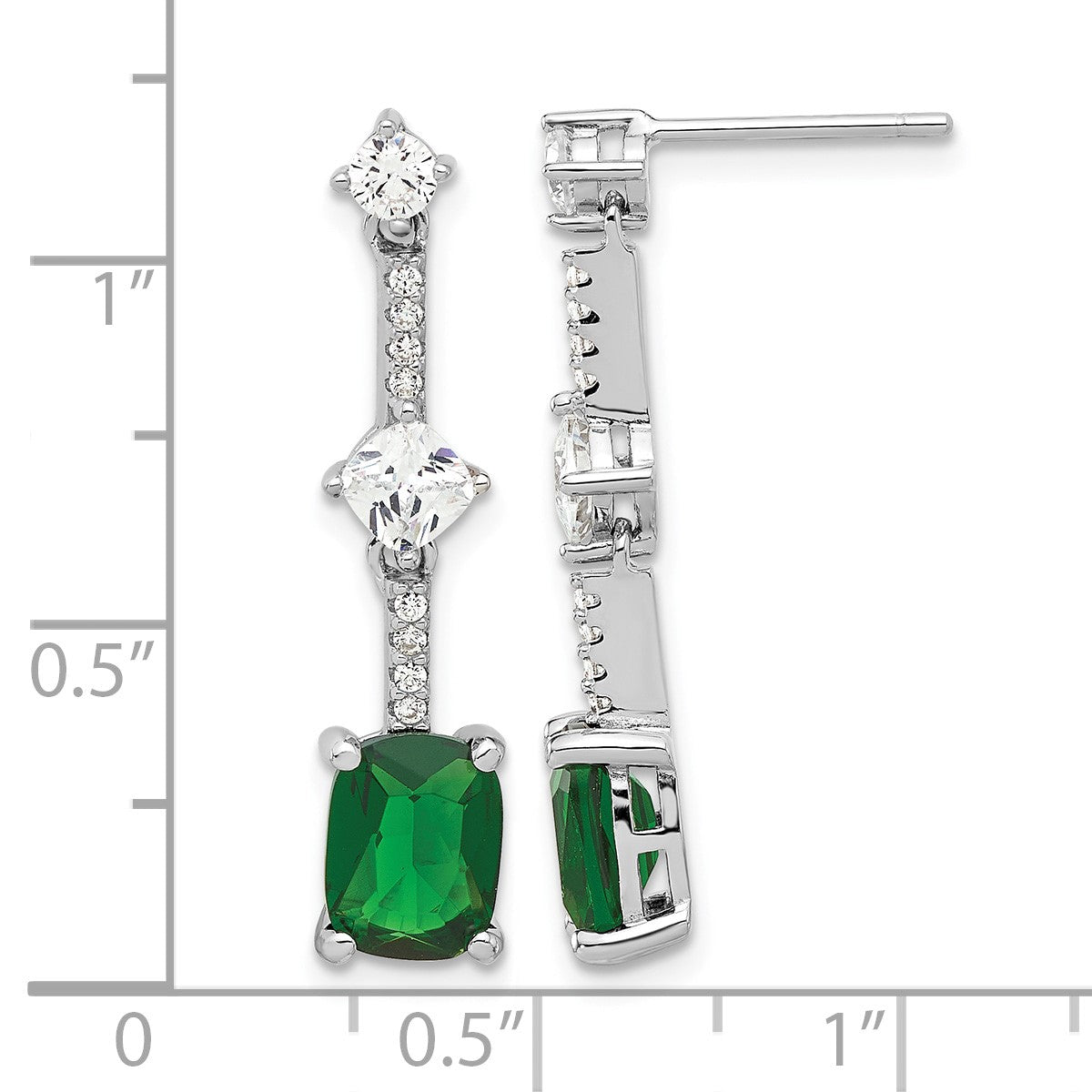 Sterling Silver RH-plated Fancy Green & White CZ Post Dangle Earrings