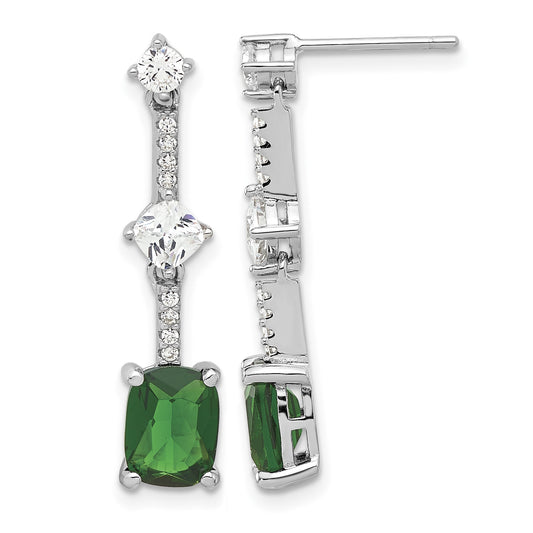 Sterling Silver RH-plated Fancy Green & White CZ Post Dangle Earrings