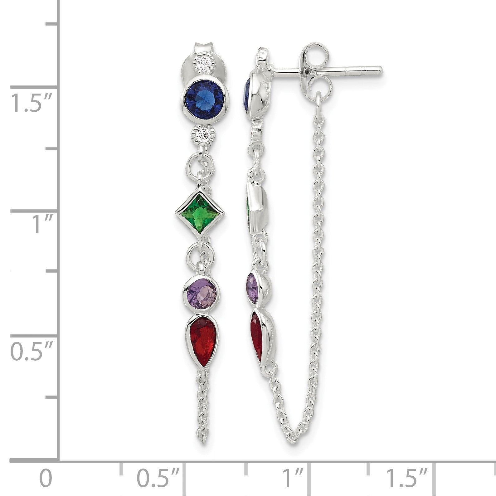 Sterling Silver E-coated Multicolor CZ Front/Back Post Dangle Earrings
