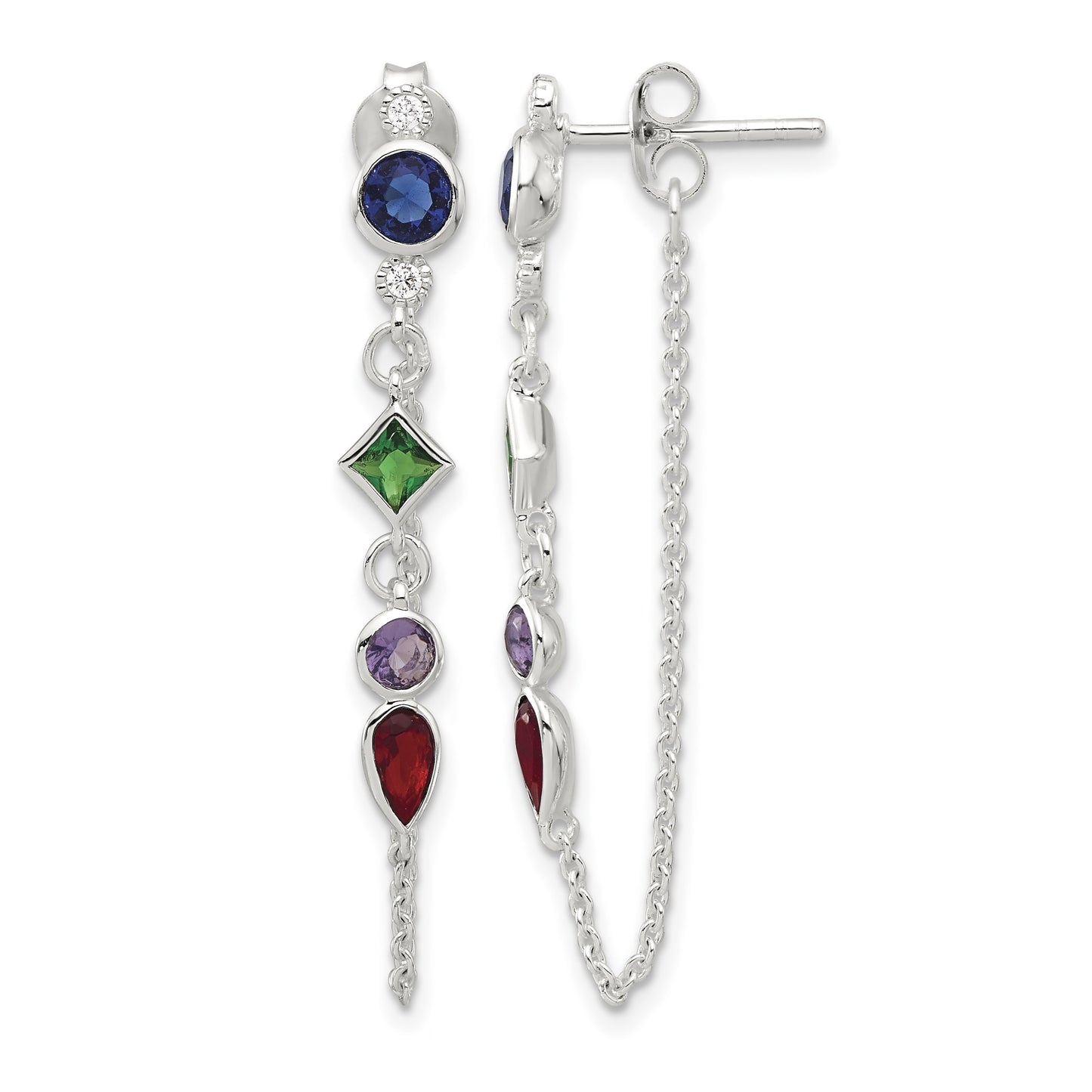 Sterling Silver E-coated Multicolor CZ Front/Back Post Dangle Earrings