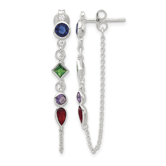 Sterling Silver E-coated Multicolor CZ Front/Back Post Dangle Earrings