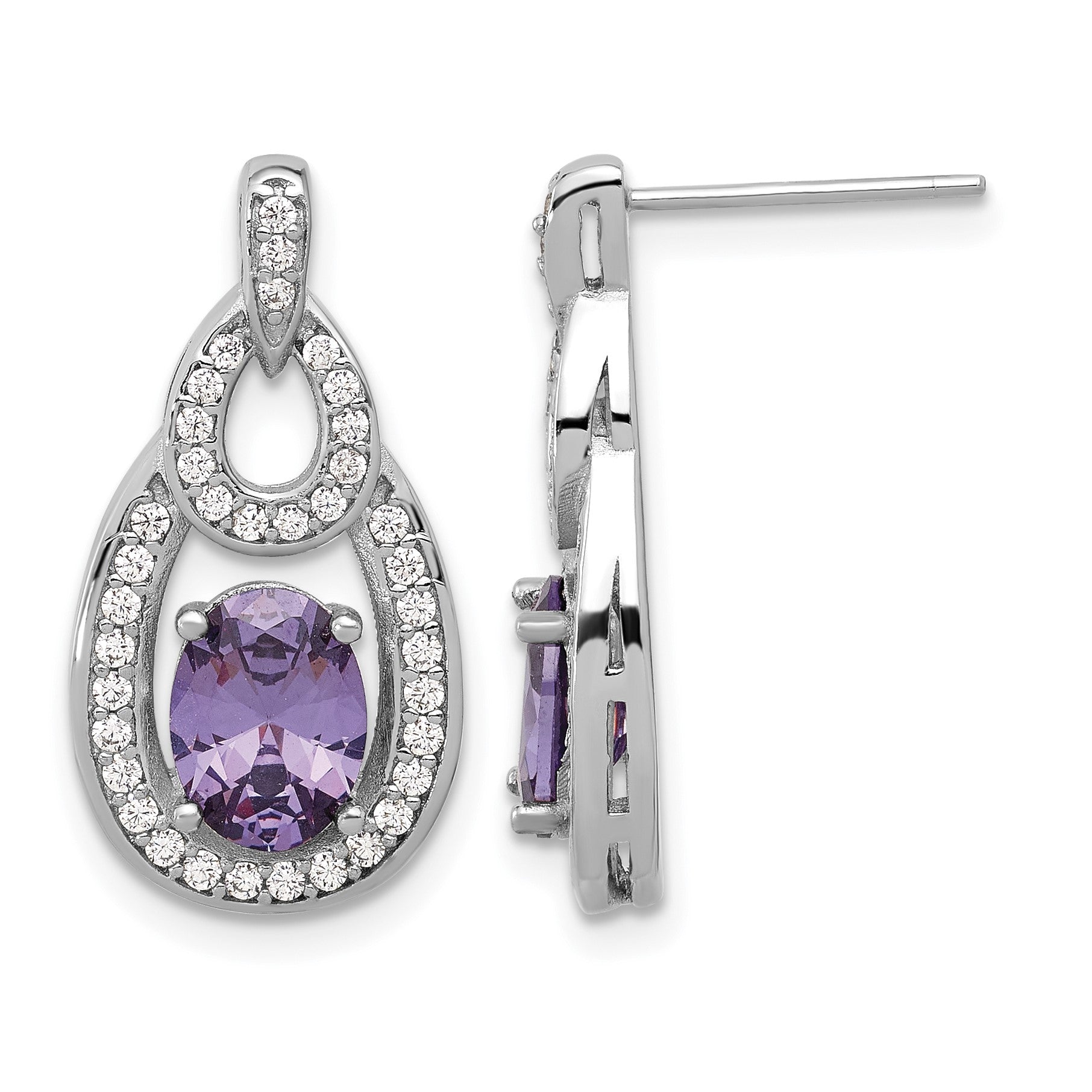 Sterling Silver Rhodium-plated CZ and Purple Zircon Post Dangle