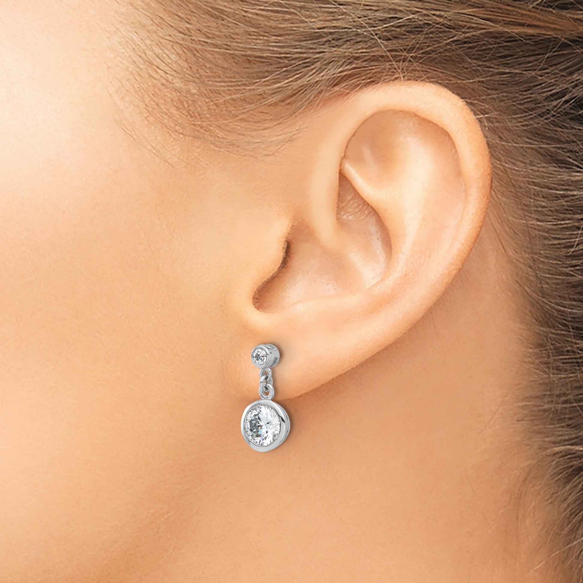 Sterling Silver Rhodium-plated CZ Bezel Dangle Post Earrings