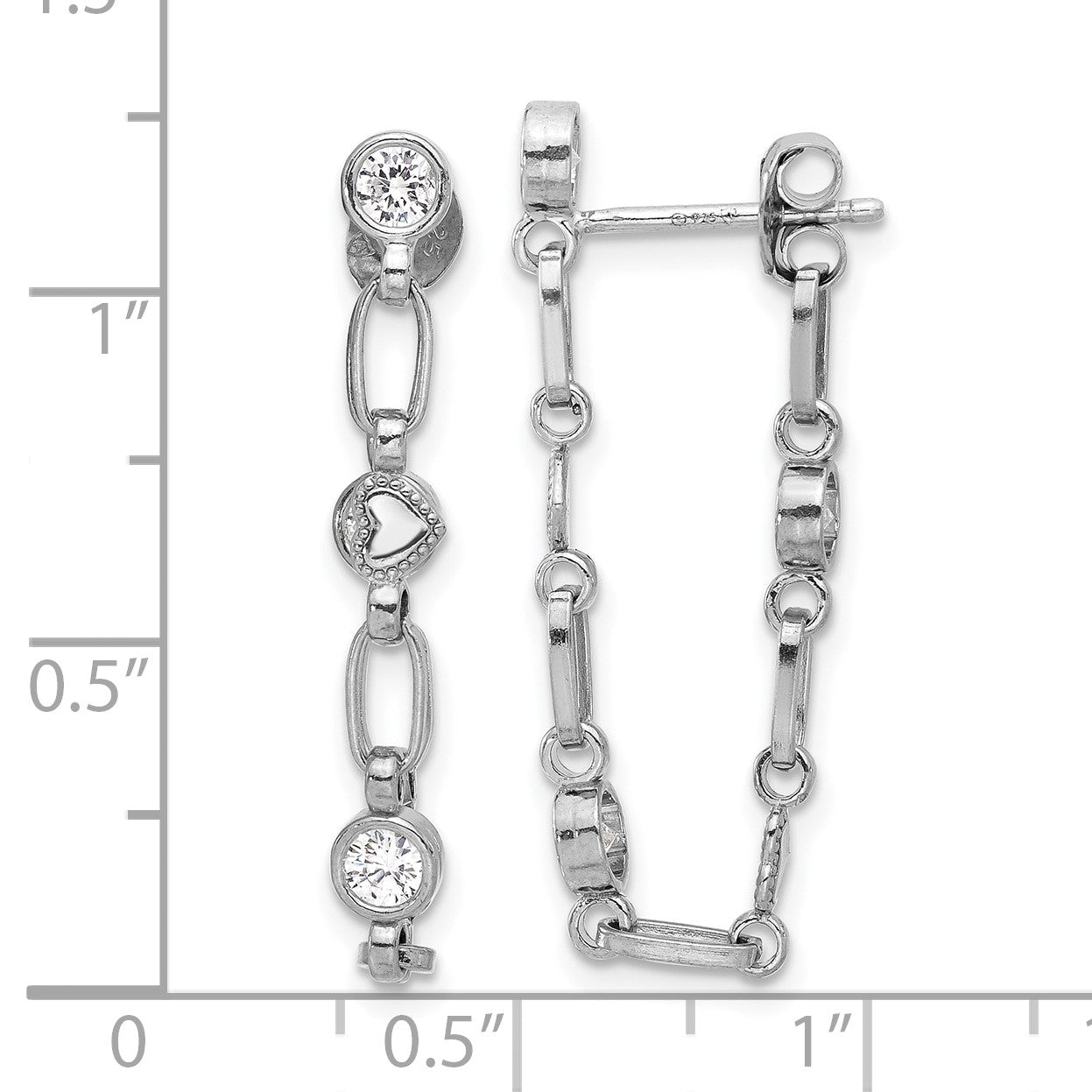 Sterling Silver Rhodium-plated Bezel CZ with Heart Post Dangle Earrings