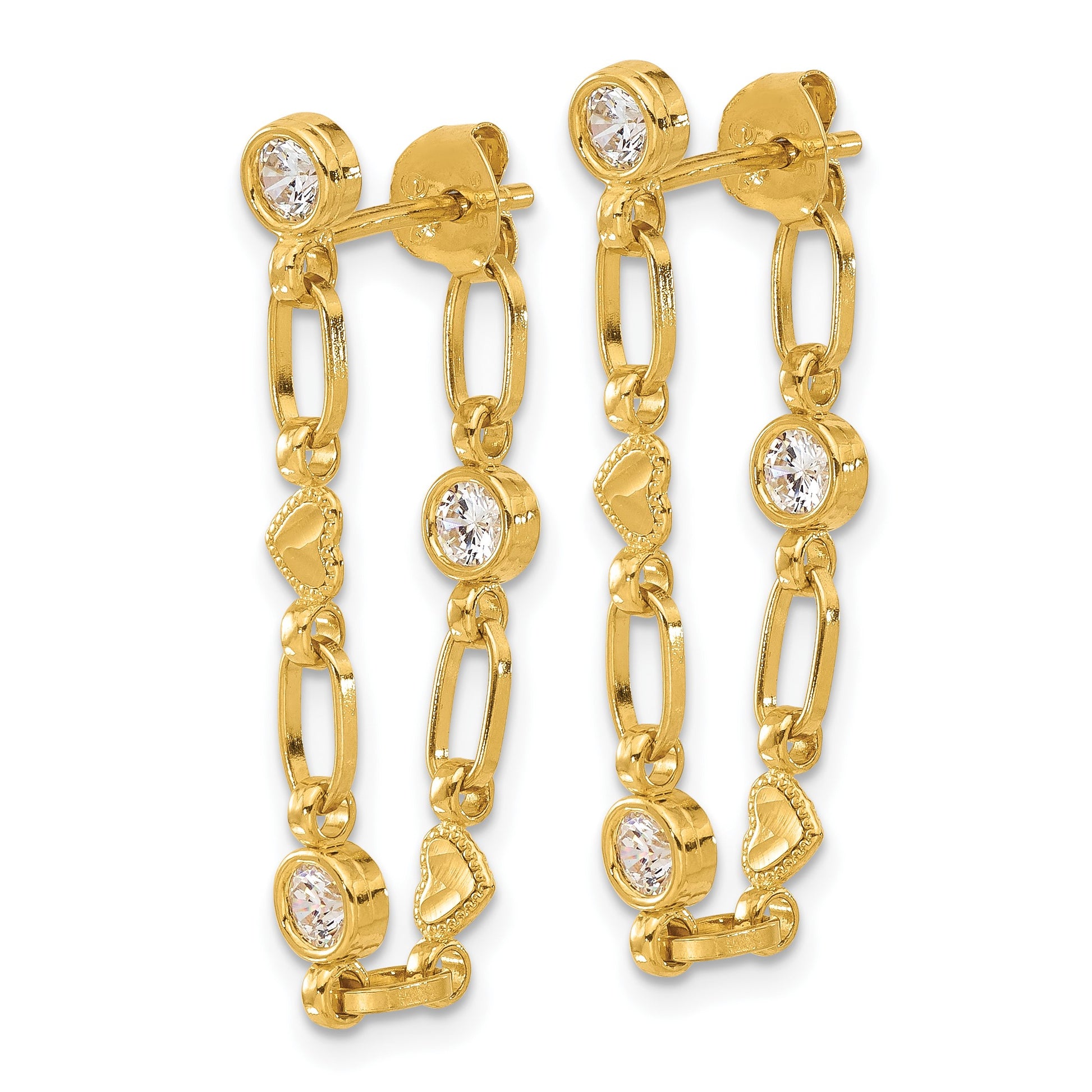 Sterling Silver Gold-tone Bezel CZ with Heart Post Dangle Earrings