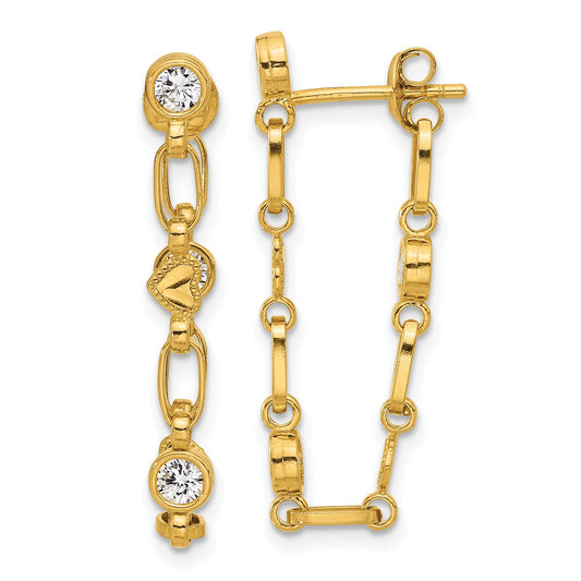 Sterling Silver Gold-tone Bezel CZ with Heart Post Dangle Earrings