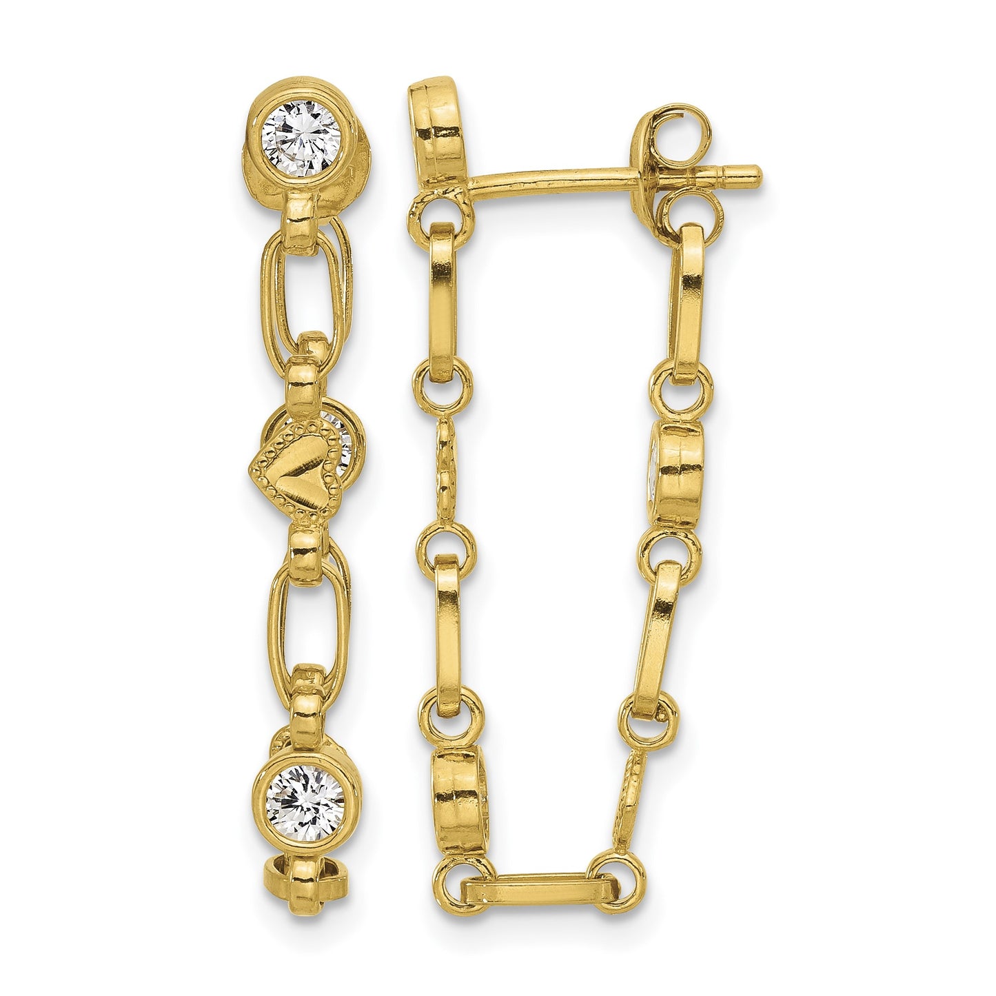 Sterling Silver Gold-tone Bezel CZ with Heart Post Dangle Earrings