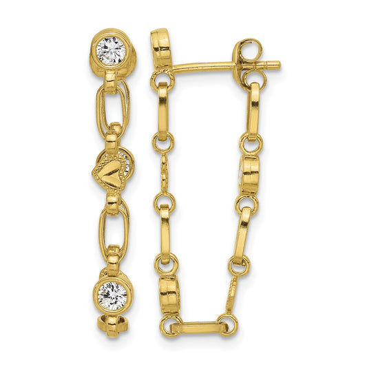 Sterling Silver Gold-tone Bezel CZ with Heart Post Dangle Earrings