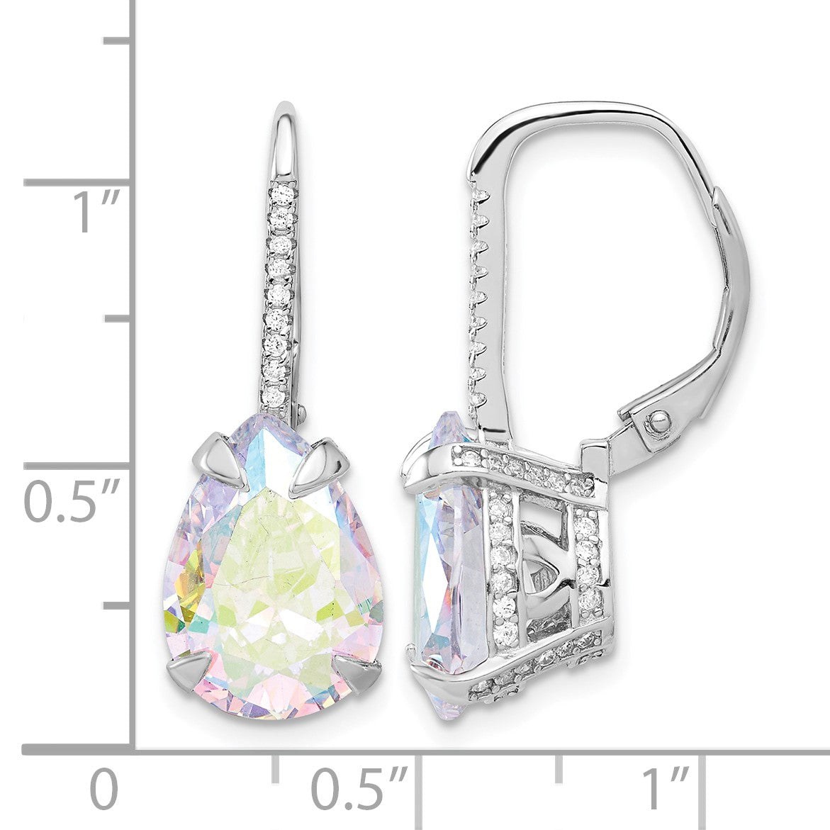Sterling Silver Rhodium-plated Pear Iridescent CZ Leverback Earrings