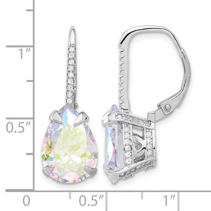 Sterling Silver Rhodium-plated Pear Iridescent CZ Leverback Earrings