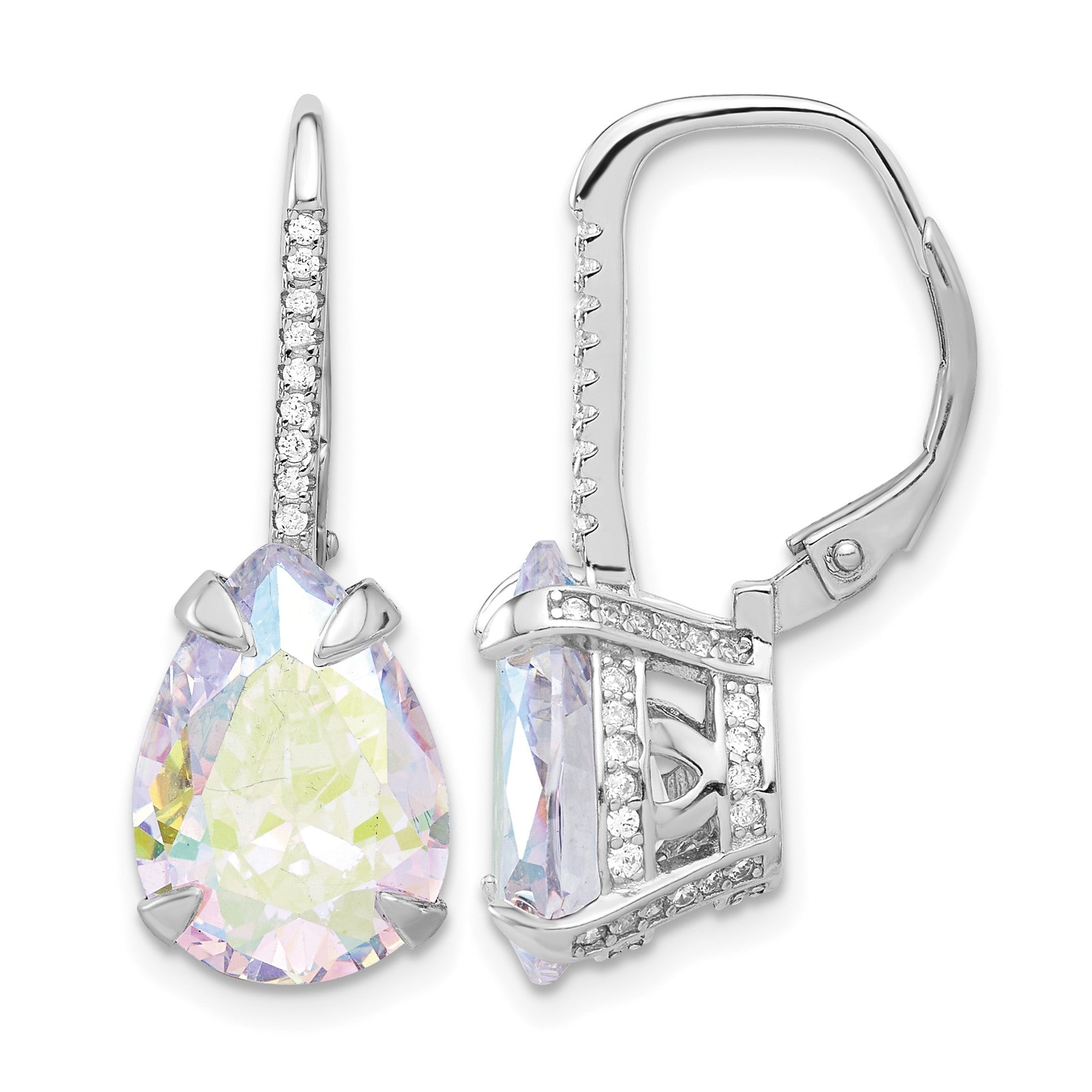 Sterling Silver Rhodium-plated Pear Iridescent CZ Leverback Earrings
