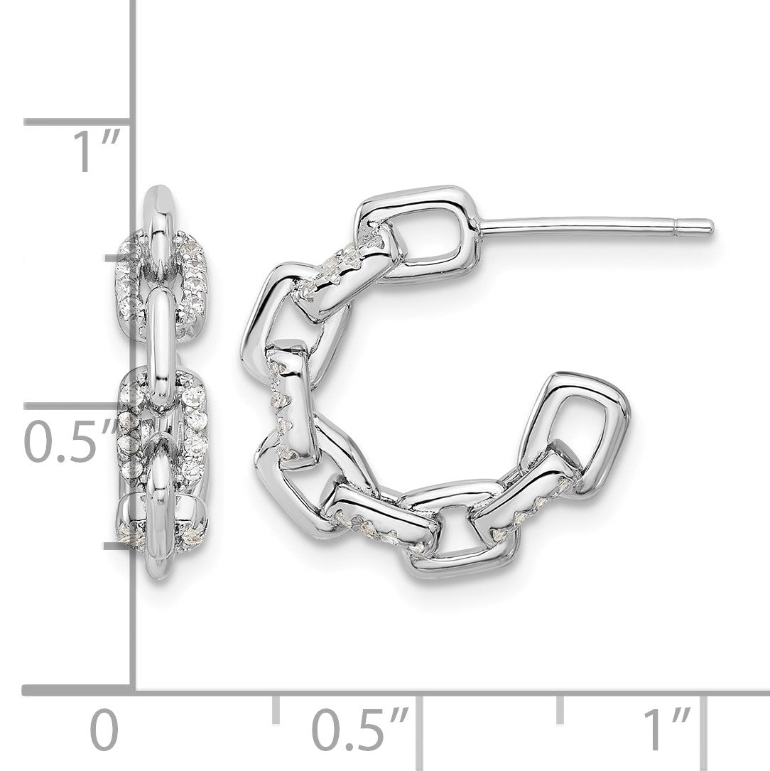Sterling Silver Rhodium-plated with CZ Link Design Post Hoop Earrings