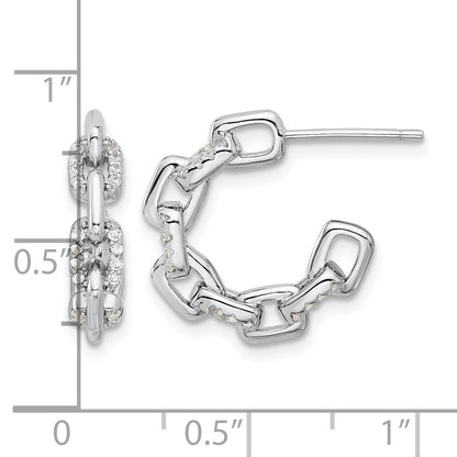 Sterling Silver Rhodium-plated with CZ Link Design Post Hoop Earrings