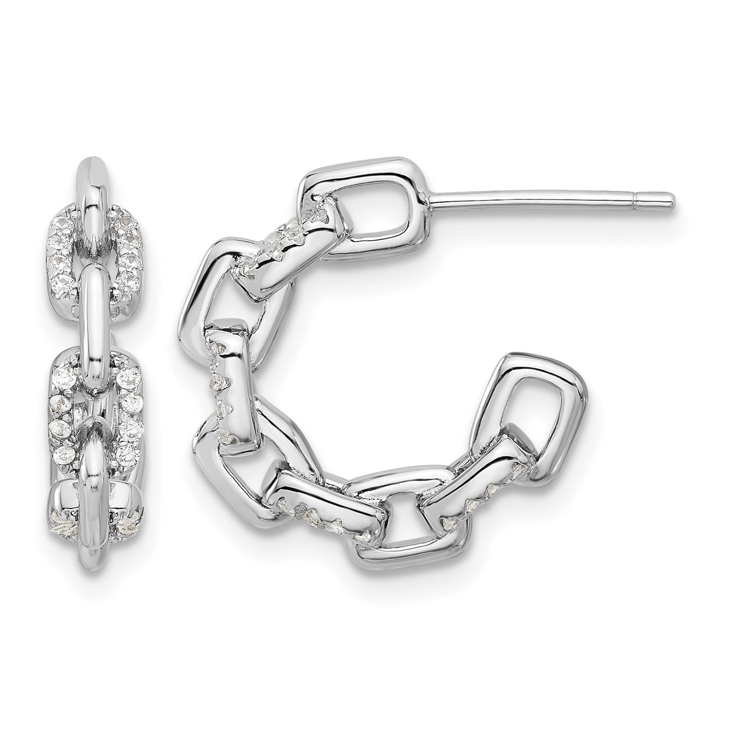 Sterling Silver Rhodium-plated with CZ Link Design Post Hoop Earrings