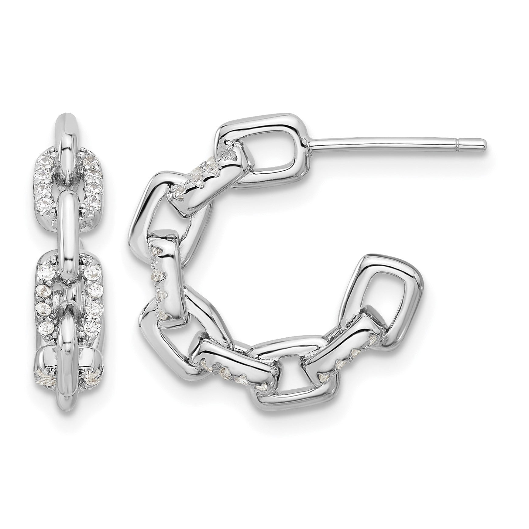 Sterling Silver Rhodium-plated with CZ Link Design Post Hoop Earrings
