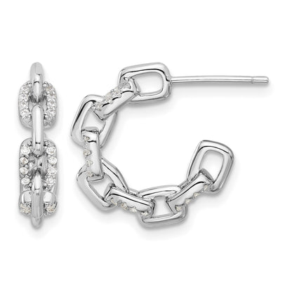 Sterling Silver Rhodium-plated with CZ Link Design Post Hoop Earrings