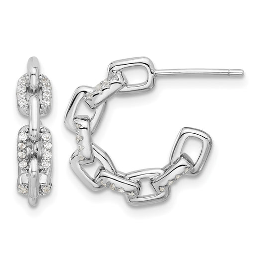 Sterling Silver Rhodium-plated with CZ Link Design Post Hoop Earrings