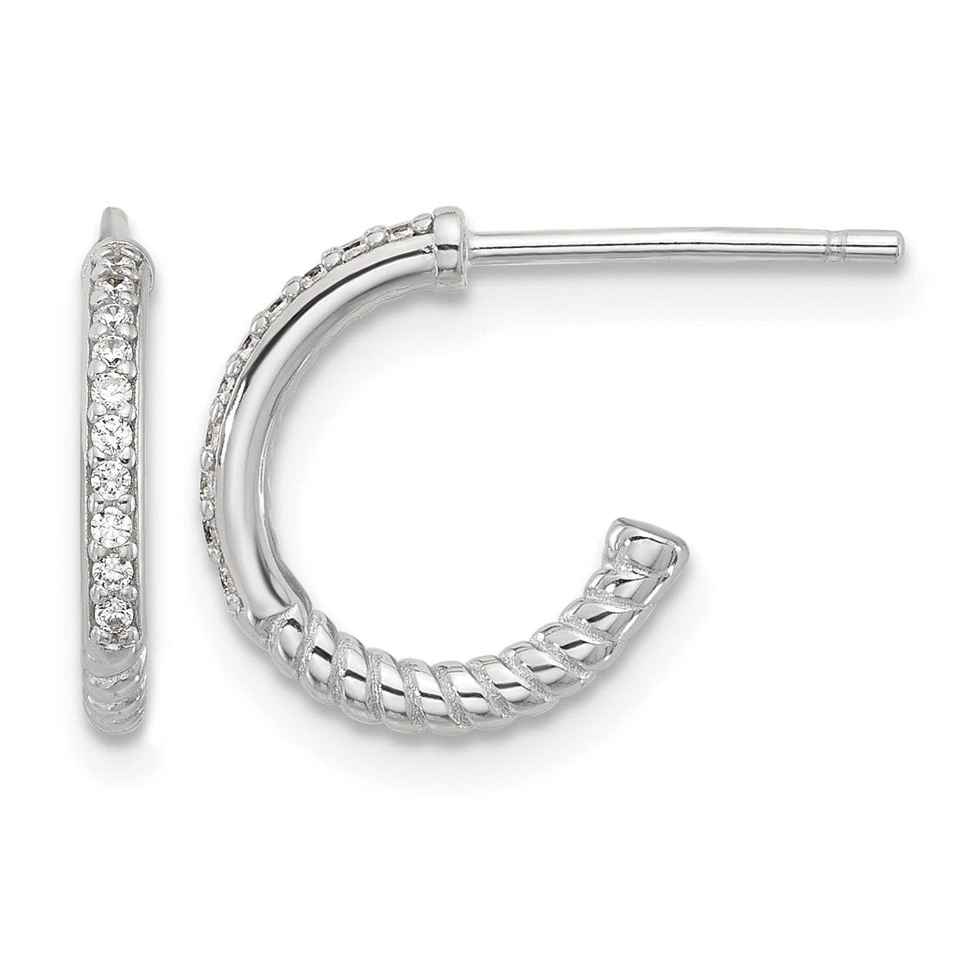 Sterling Silver Flash Platinum-plated Twisted CZ C Hoop Post Earrings