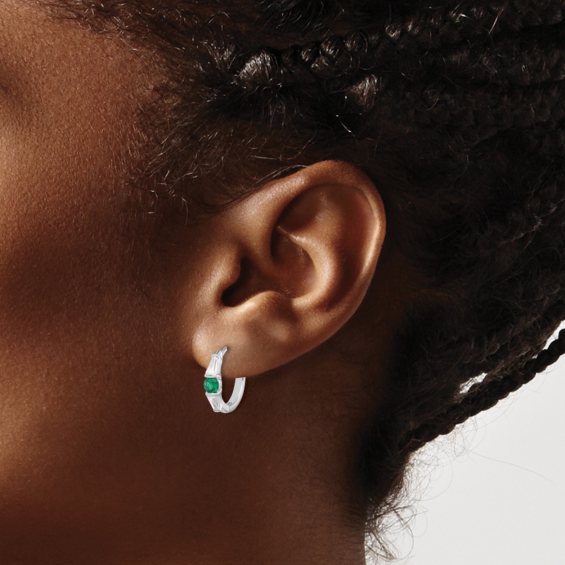 Sterling Silver Rhodium-plated Green/White CZ Hinged Hoop Earrings
