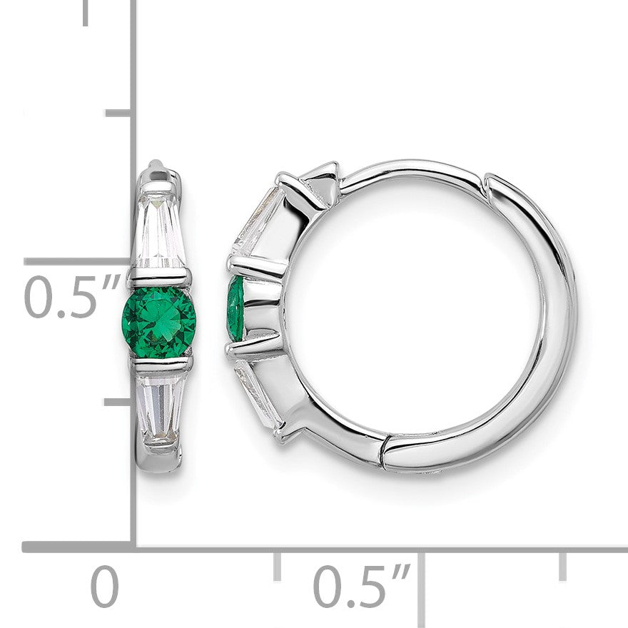 Sterling Silver Rhodium-plated Green/White CZ Hinged Hoop Earrings
