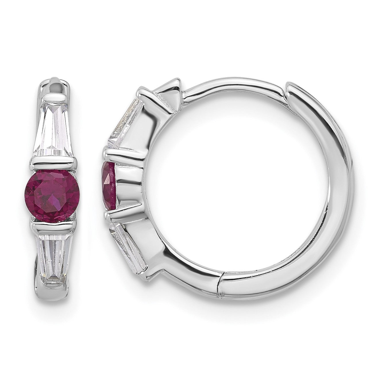 Sterling Silver Rhodium-plated Red/White CZ Hinged Hoop Earrings