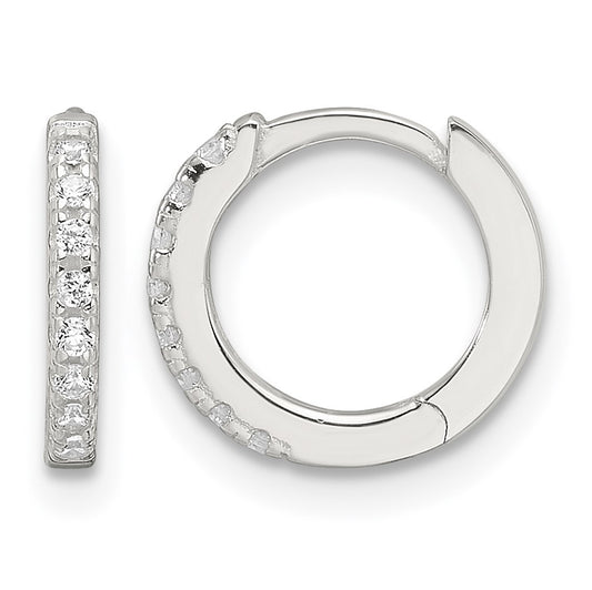 Sterling Silver E-Coating Polished CZ Hinged Hoop Earrings