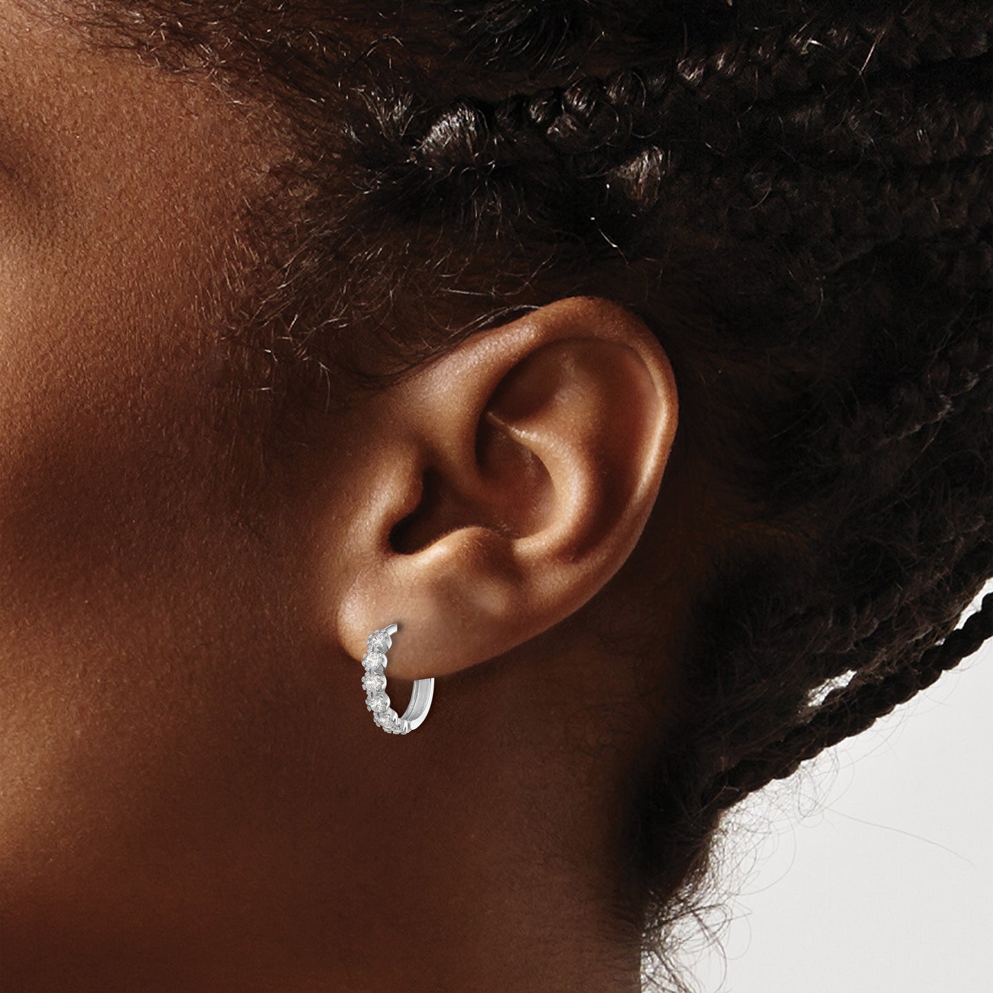 Sterling Silver Rhodium-plated Polished CZ Hinged Huggie Hoop Earrings