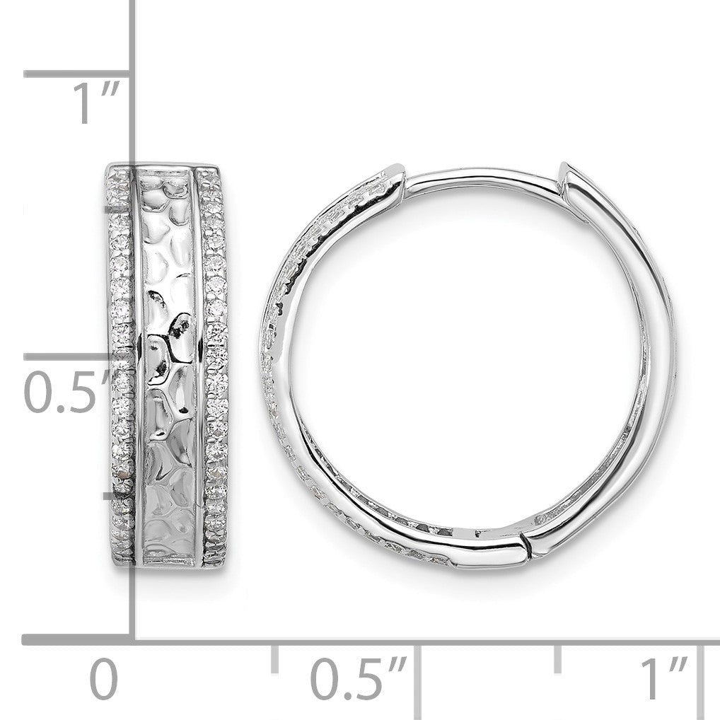 Sterling Silver Rhodium-plated Hammered Center CZ 5.5mm Hoop Earrings