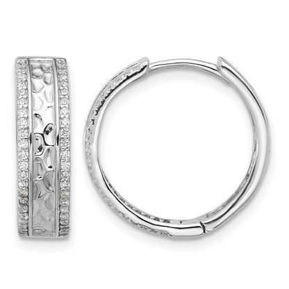 Sterling Silver Rhodium-plated Hammered Center CZ 5.5mm Hoop Earrings