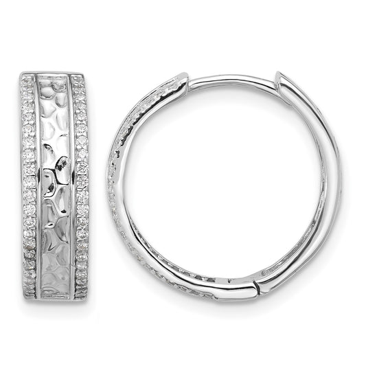 Sterling Silver Rhodium-plated Hammered Center CZ 5.5mm Hoop Earrings