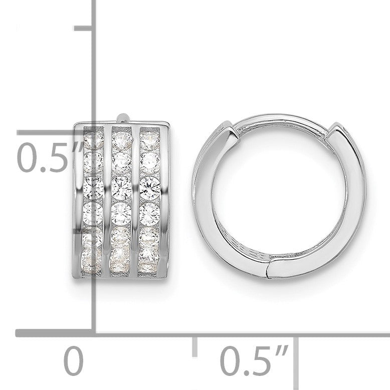Sterling Silver Rhodium-plated 3 Row CZ Hinged Hoop Earrings