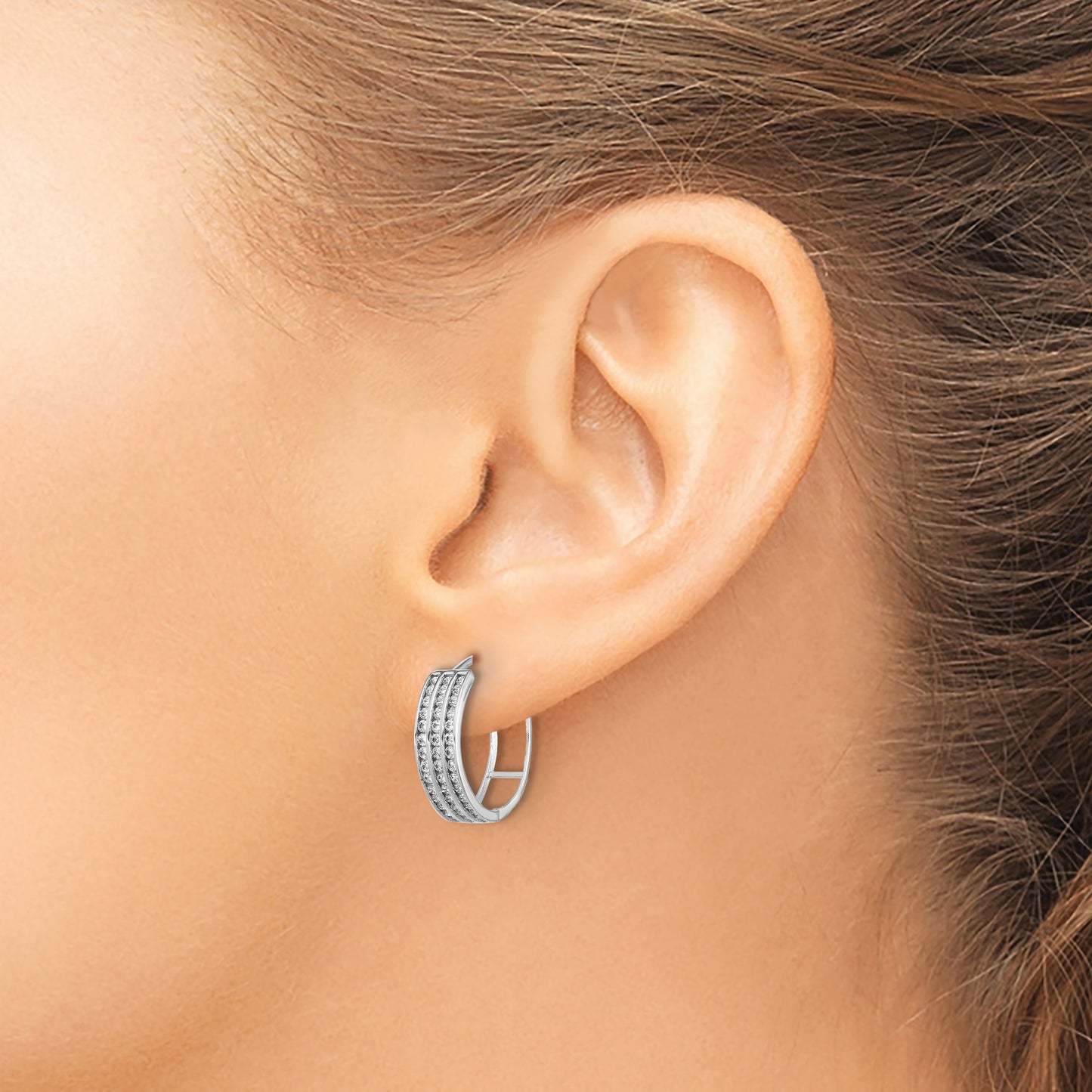 Sterling Silver Rhodium-plated 3 Row CZ Hinged Hoop Earrings