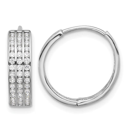 Sterling Silver Rhodium-plated 3 Row CZ Hinged Hoop Earrings