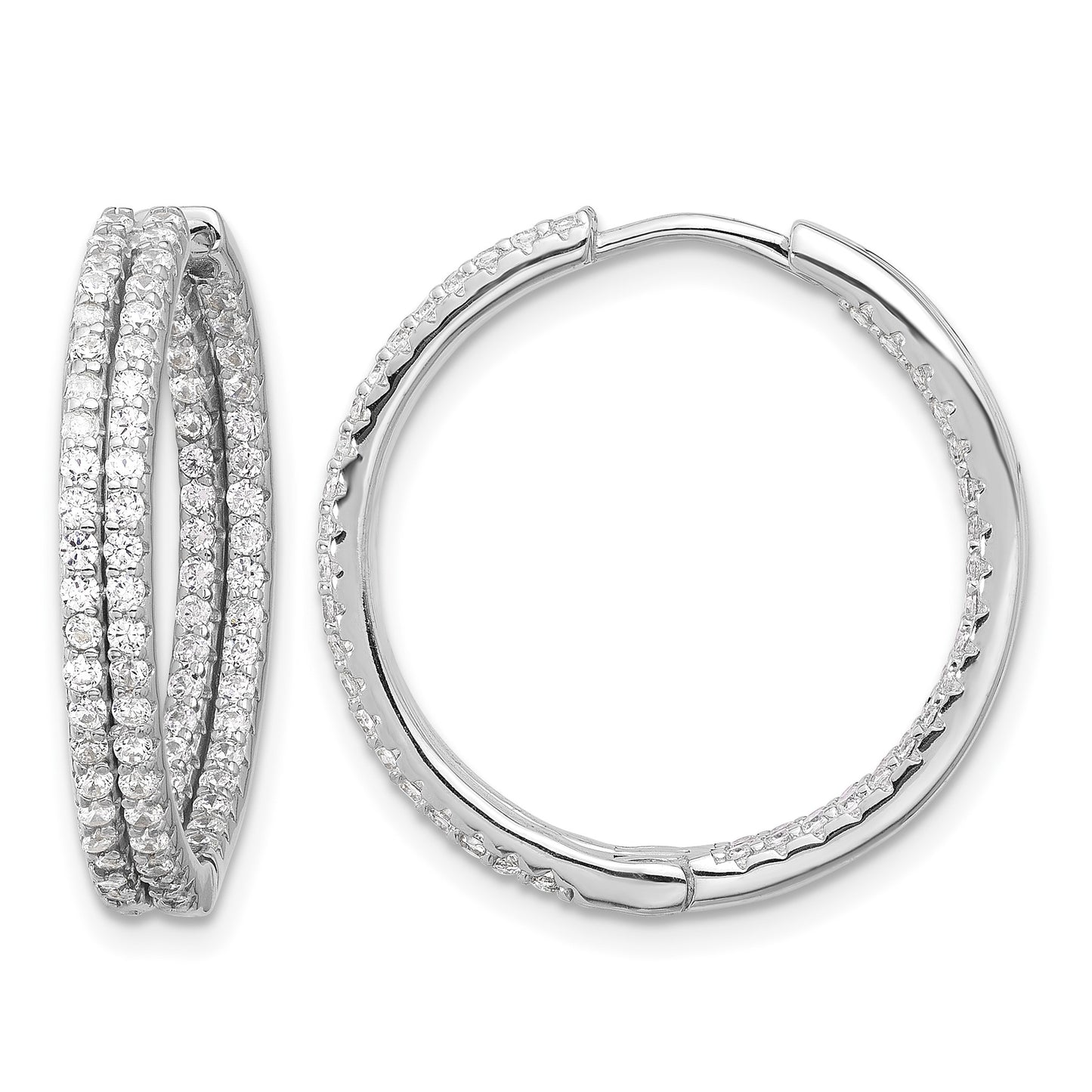 Sterling Silver Rhodium-plated Double Row CZ In and Out Hoop Earrings