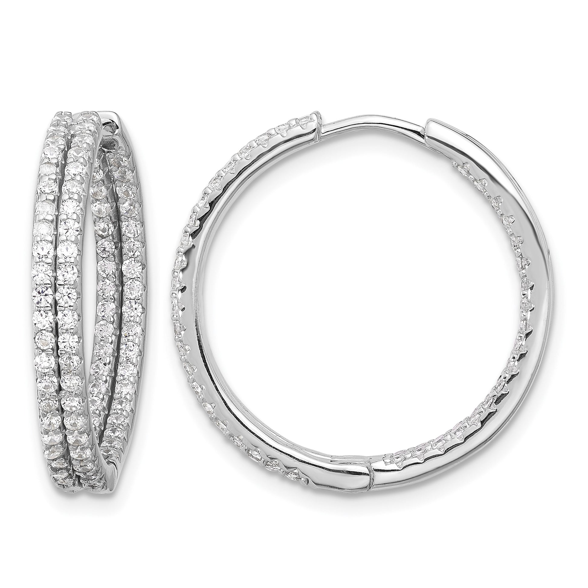 Sterling Silver Rhodium-plated Double Row CZ In and Out Hoop Earrings
