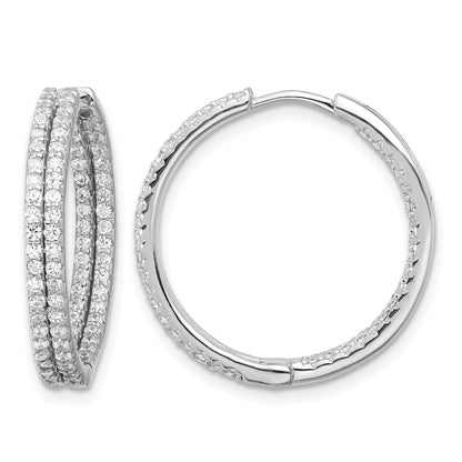 Sterling Silver Rhodium-plated Double Row CZ In and Out Hoop Earrings