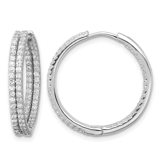 Sterling Silver Rhodium-plated Double Row CZ In and Out Hoop Earrings
