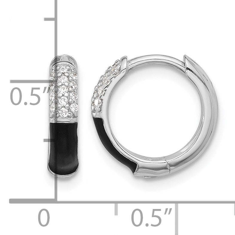 Sterling Silver Flash Platinum-plated CZ Black Enamel Hoop Earrings