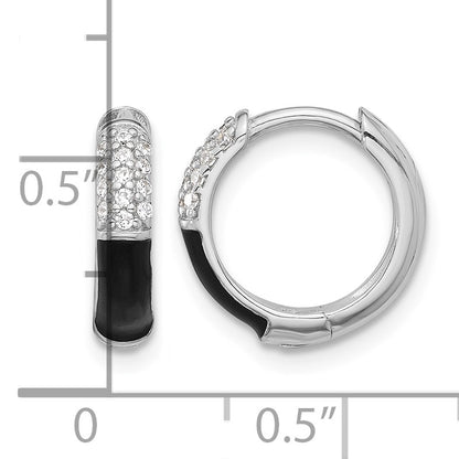 Sterling Silver Flash Platinum-plated CZ Black Enamel Hoop Earrings