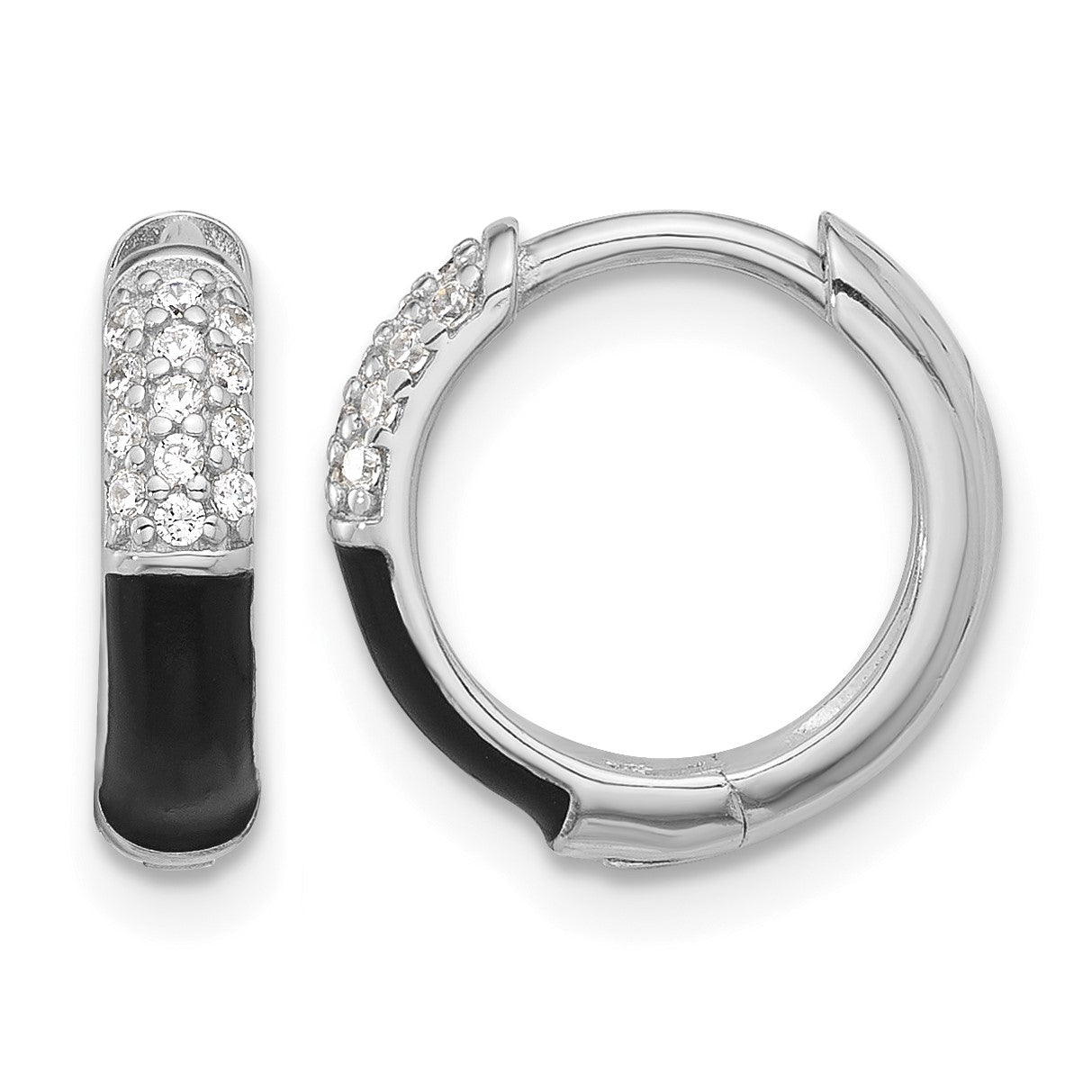 Sterling Silver Flash Platinum-plated CZ Black Enamel Hoop Earrings
