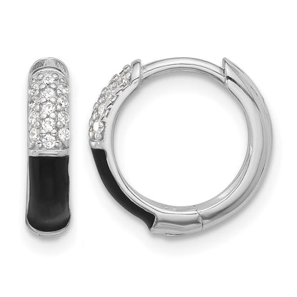 Sterling Silver Flash Platinum-plated CZ Black Enamel Hoop Earrings
