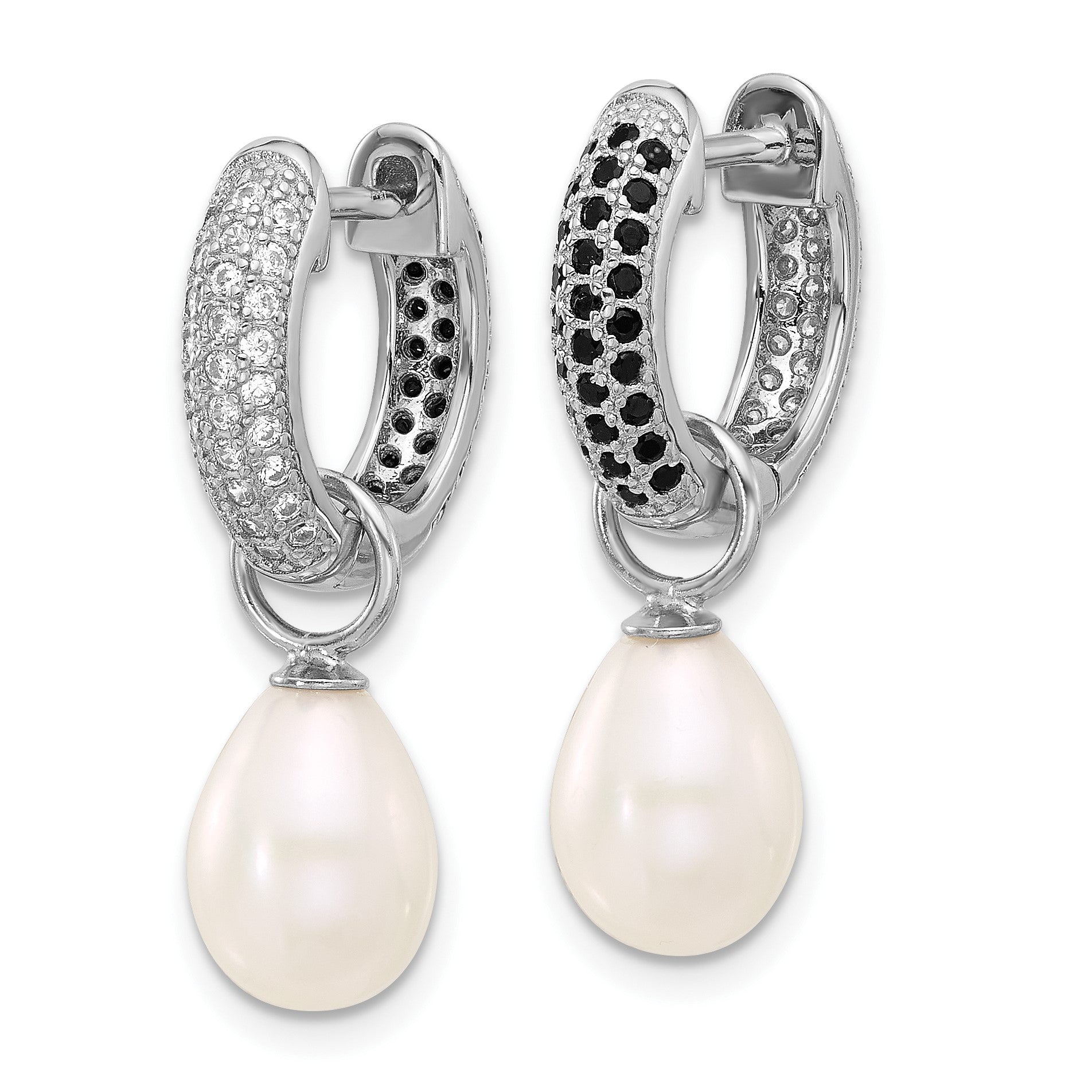 Sterling Silver Rhodium-plated 7-8mm Black and White Rice Freshwater Cultured Pearl and CZ Interchangeable Post Earrings Set