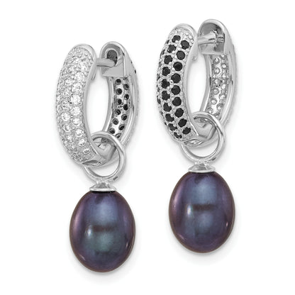 Sterling Silver Rhodium-plated 7-8mm Black and White Rice Freshwater Cultured Pearl and CZ Interchangeable Post Earrings Set