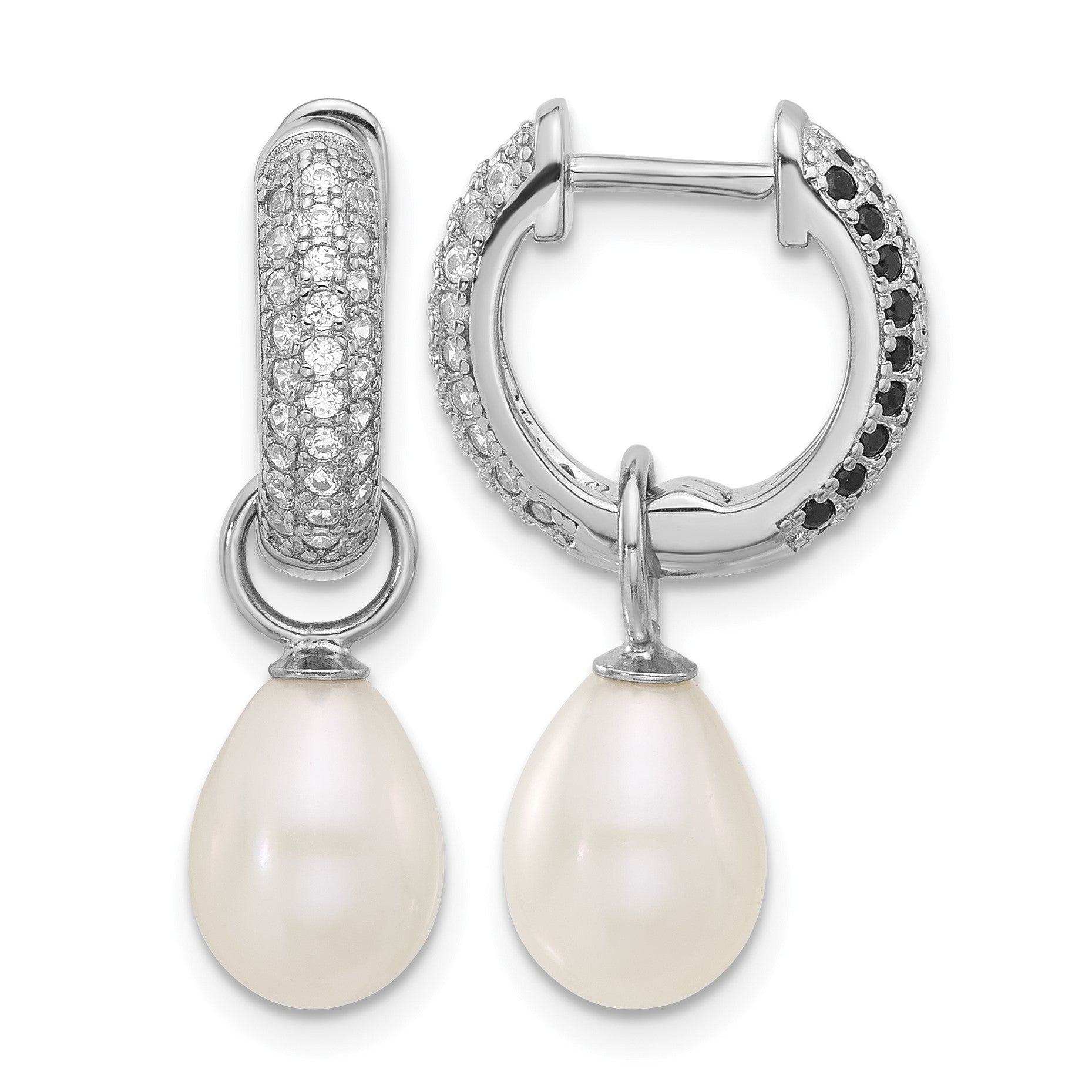 Sterling Silver Rhodium-plated 7-8mm Black and White Rice Freshwater Cultured Pearl and CZ Interchangeable Post Earrings Set