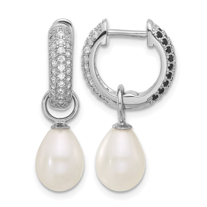 Sterling Silver Rhodium-plated 7-8mm Black and White Rice Freshwater Cultured Pearl and CZ Interchangeable Post Earrings Set