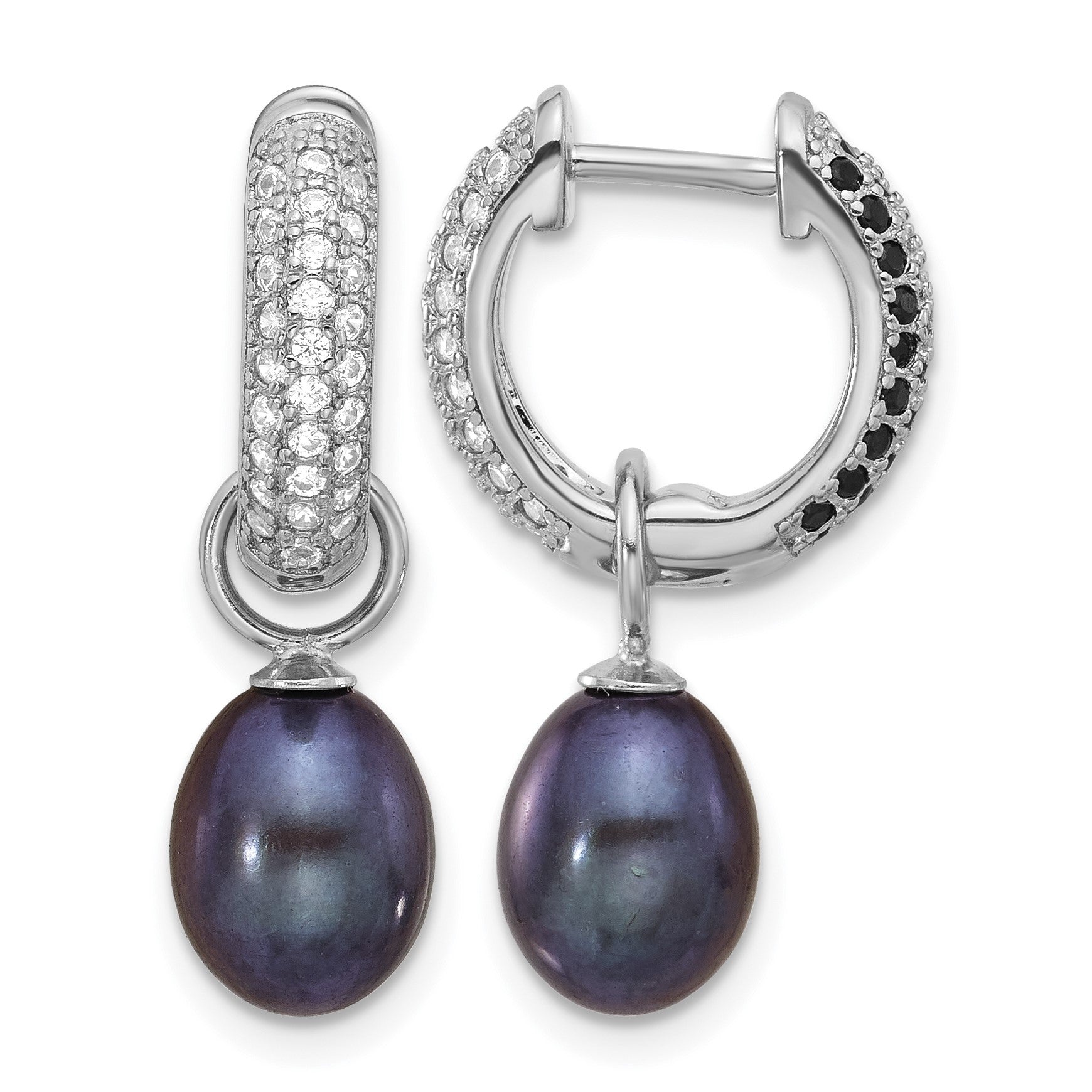 Sterling Silver Rhodium-plated 7-8mm Black and White Rice Freshwater Cultured Pearl and CZ Interchangeable Post Earrings Set