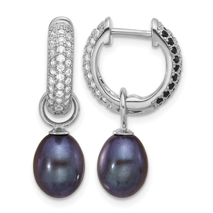 Sterling Silver Rhodium-plated 7-8mm Black and White Rice Freshwater Cultured Pearl and CZ Interchangeable Post Earrings Set