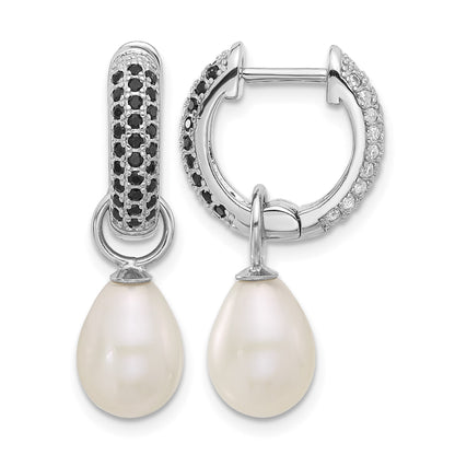 Sterling Silver Rhodium-plated 7-8mm Black and White Rice Freshwater Cultured Pearl and CZ Interchangeable Post Earrings Set