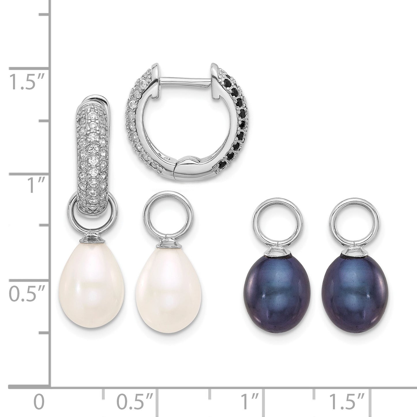 Sterling Silver Rhodium-plated 7-8mm Black and White Rice Freshwater Cultured Pearl and CZ Interchangeable Post Earrings Set